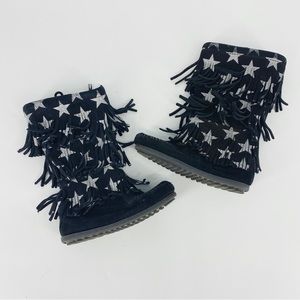 Minnetonka 3 Layer Fringe Star Black Lether Suede Boots Toddler 9